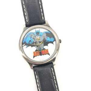 Vintage 1989 Fossil Batman Silver Black Leather Watch